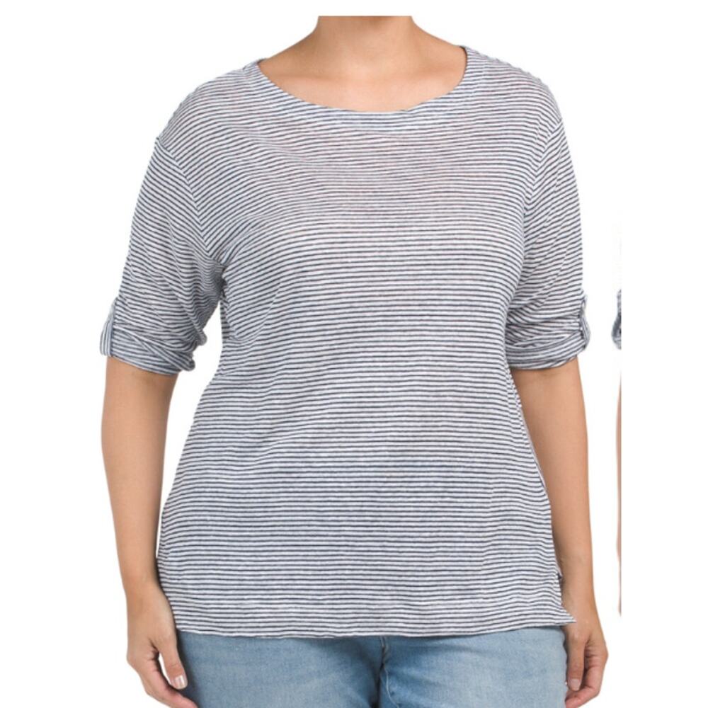 Adrienne Vittadini Blouse Womens 3X 100% Linen Minimalist Timeless Classy Stripe